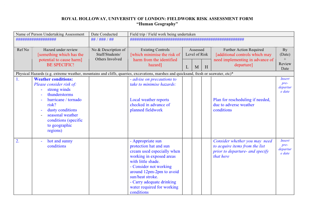 FIELDWORK RISK ASSESSMENT FORM “Human Geography”