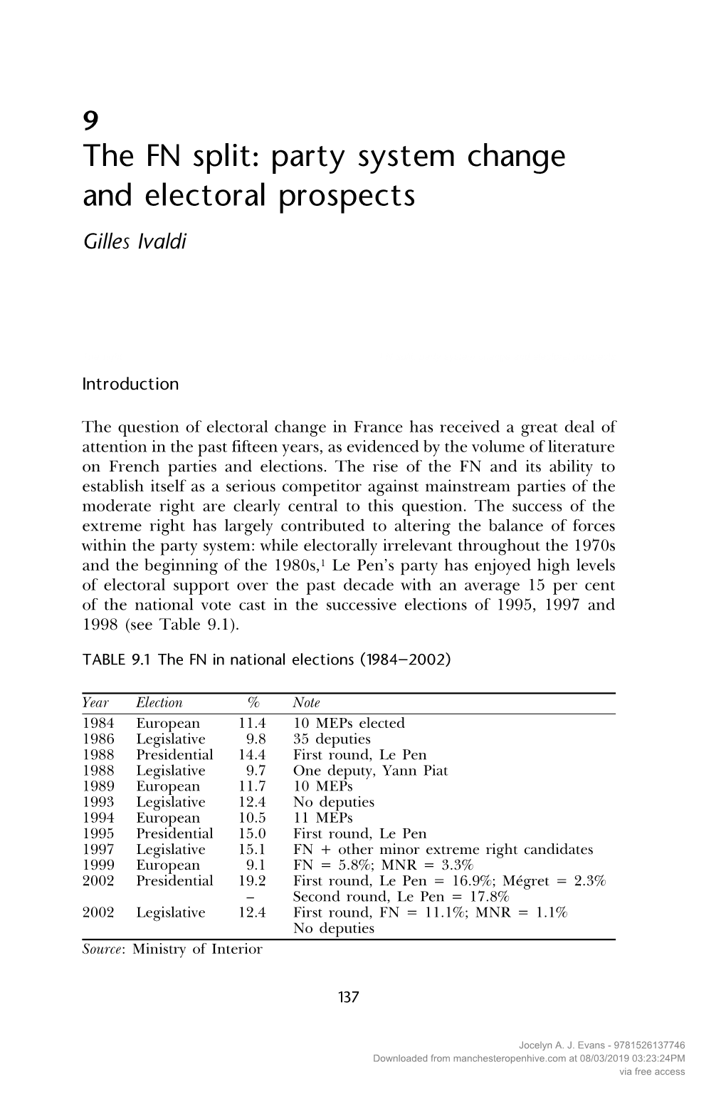 Party System Change and Electoral Prospects Gilles Ivaldi