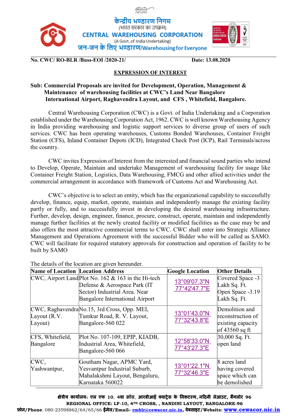 Sub: Commercial Proposals Are Invited for Development, Operation, Management & Maintenance of Warehousing Facilities at CW