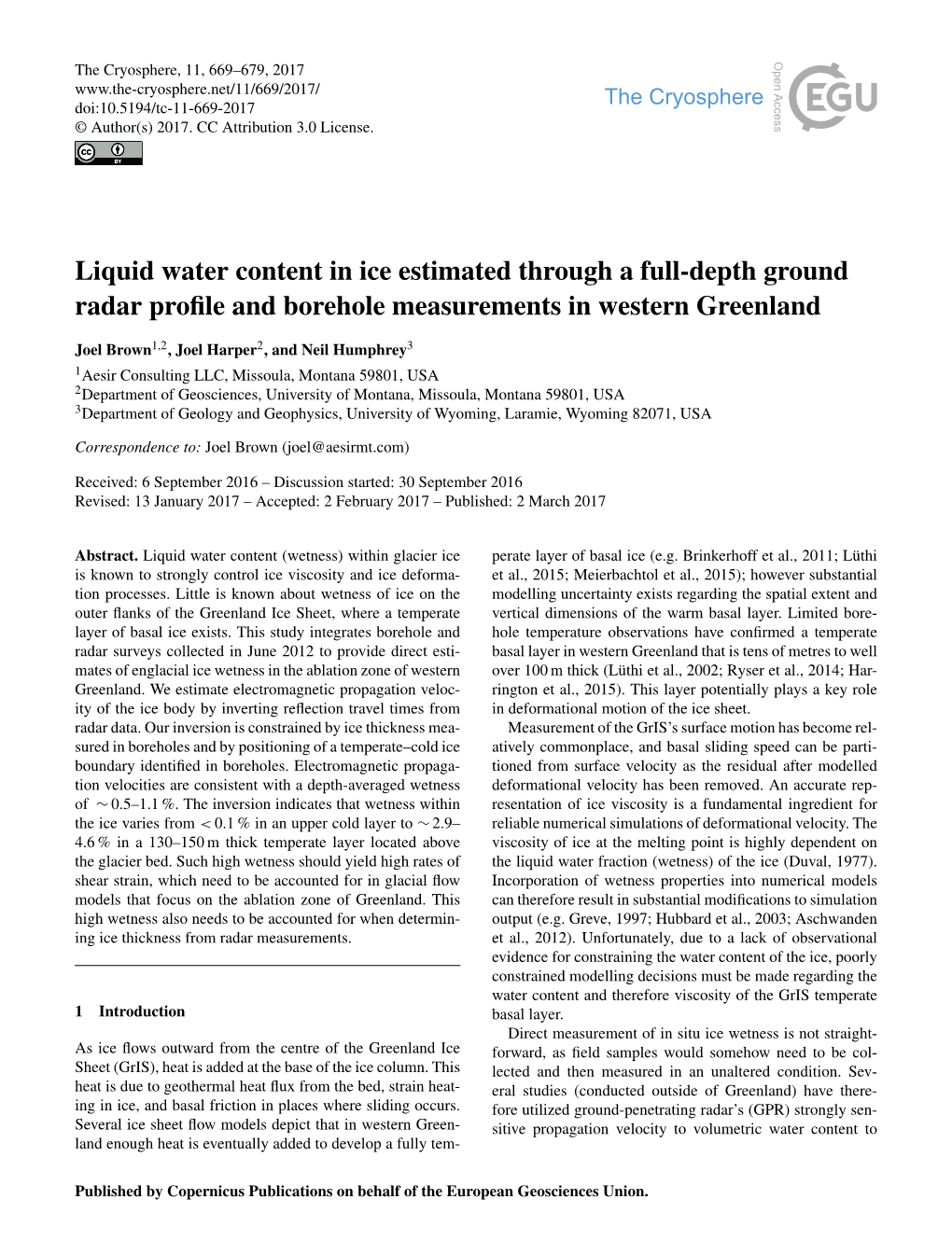 Liquid Water Content in Ice Estimated Through a Full-Depth Ground Radar Proﬁle and Borehole Measurements in Western Greenland