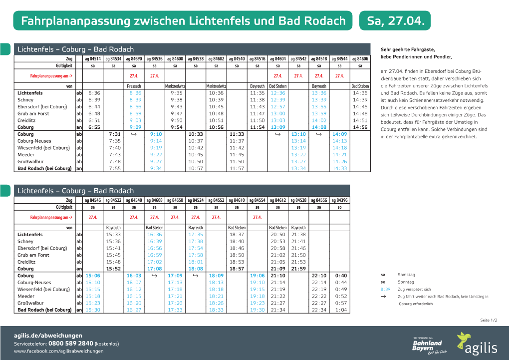 Fahrplananpassung Zwischen Lichtenfels Und Bad Rodach Sa, 27.04