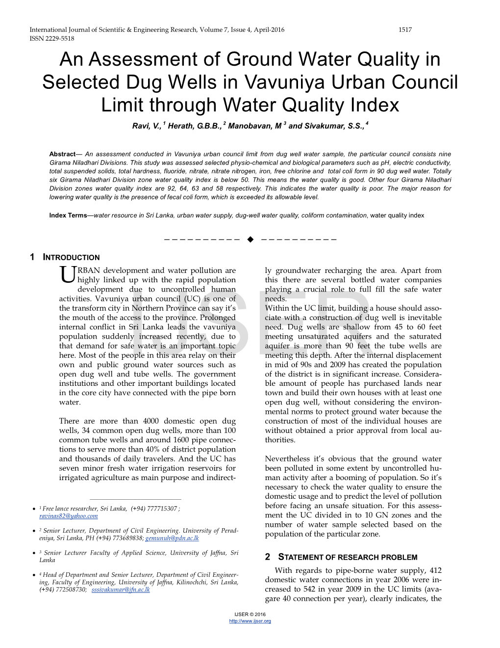 An Assessment of Ground Water Quality in Selected Dug Wells In