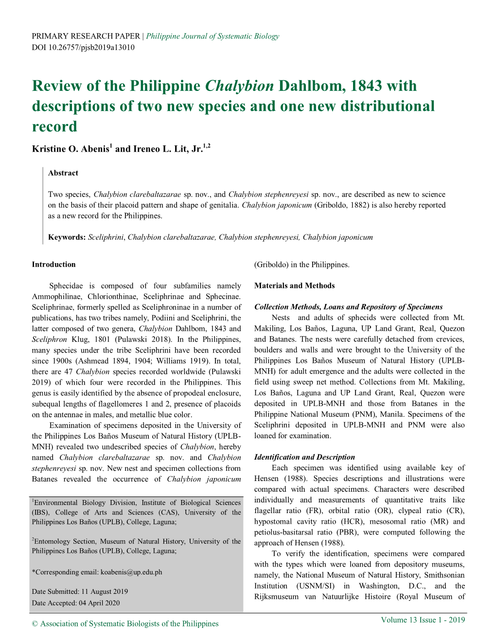 Review of the Philippine Chalybion Dahlbom, 1843 with Descriptions of Two New Species and One New Distributional Record Kristine O