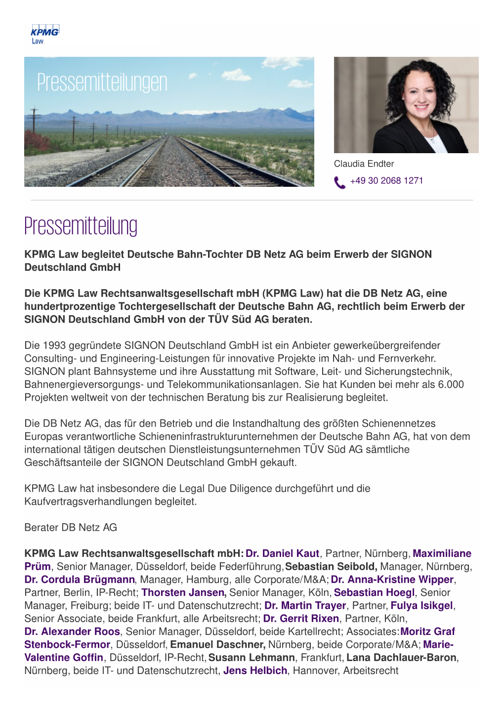 KPMG Law Begleitet Deutsche Bahn-Tochter DB Netz AG Beim Erwerb Der SIGNON Deutschland Gmbh