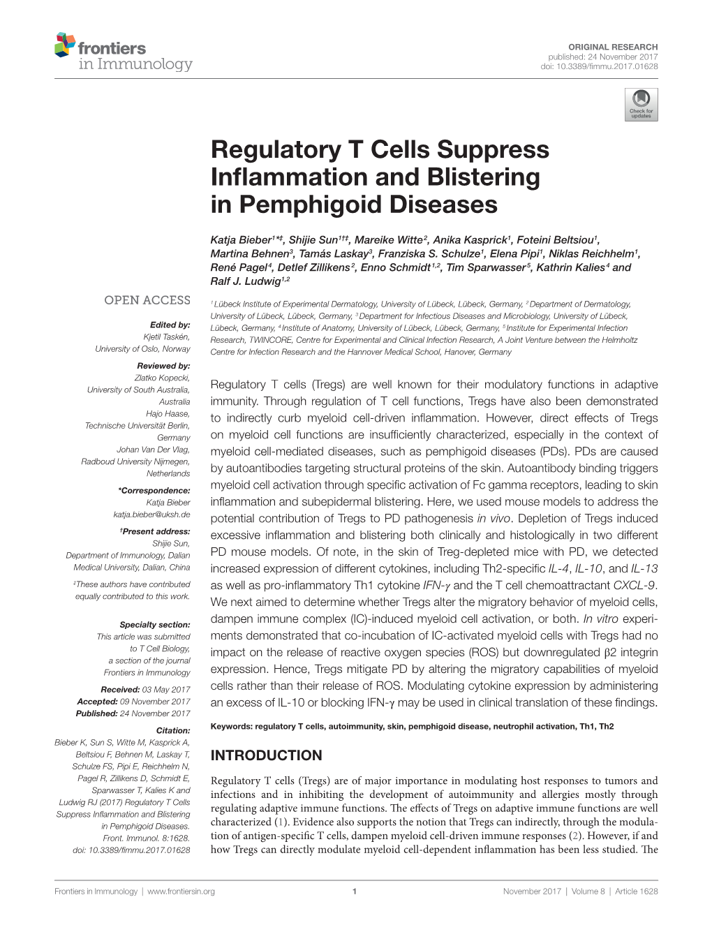 Regulatory T Cells Suppress Inflammation and Blistering in Pemphigoid Diseases