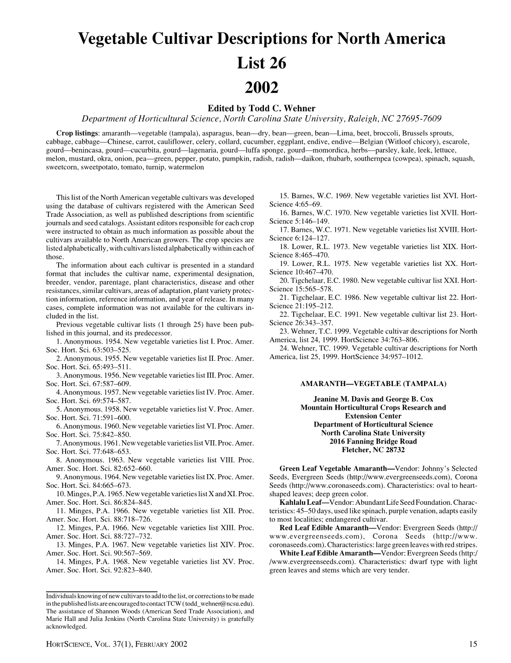 Vegetable Cultivar Descriptions for North America List 26 2002 Edited by Todd C