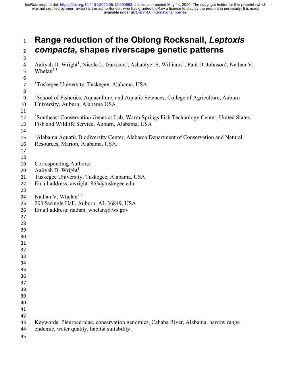 Range Reduction of the Oblong Rocksnail, Leptoxis 2 Compacta, Shapes Riverscape Genetic Patterns 3 4 Aaliyah D