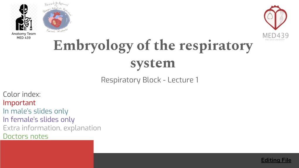 Embryology of the Respiratory System Respiratory Block - Lecture 1