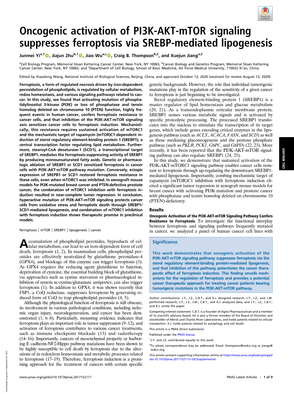 Oncogenic Activation of PI3K-AKT-Mtor Signaling Suppresses Ferroptosis Via SREBP-Mediated Lipogenesis