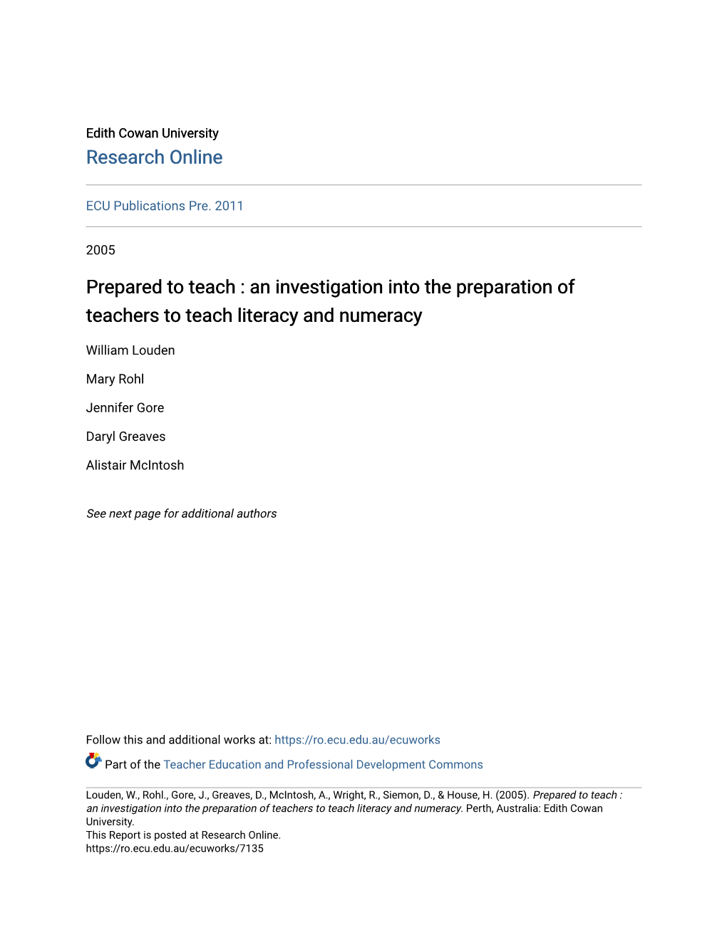 An Investigation Into the Preparation of Teachers to Teach Literacy and Numeracy