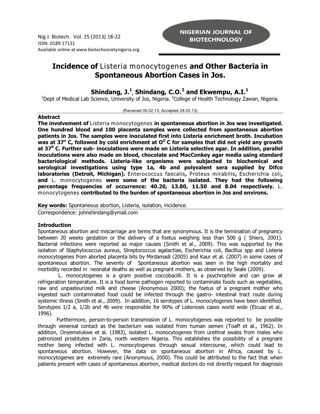 Incidence of Listeria Monocytogenes and Other Bacteria in Spontaneous Abortion Cases in Jos