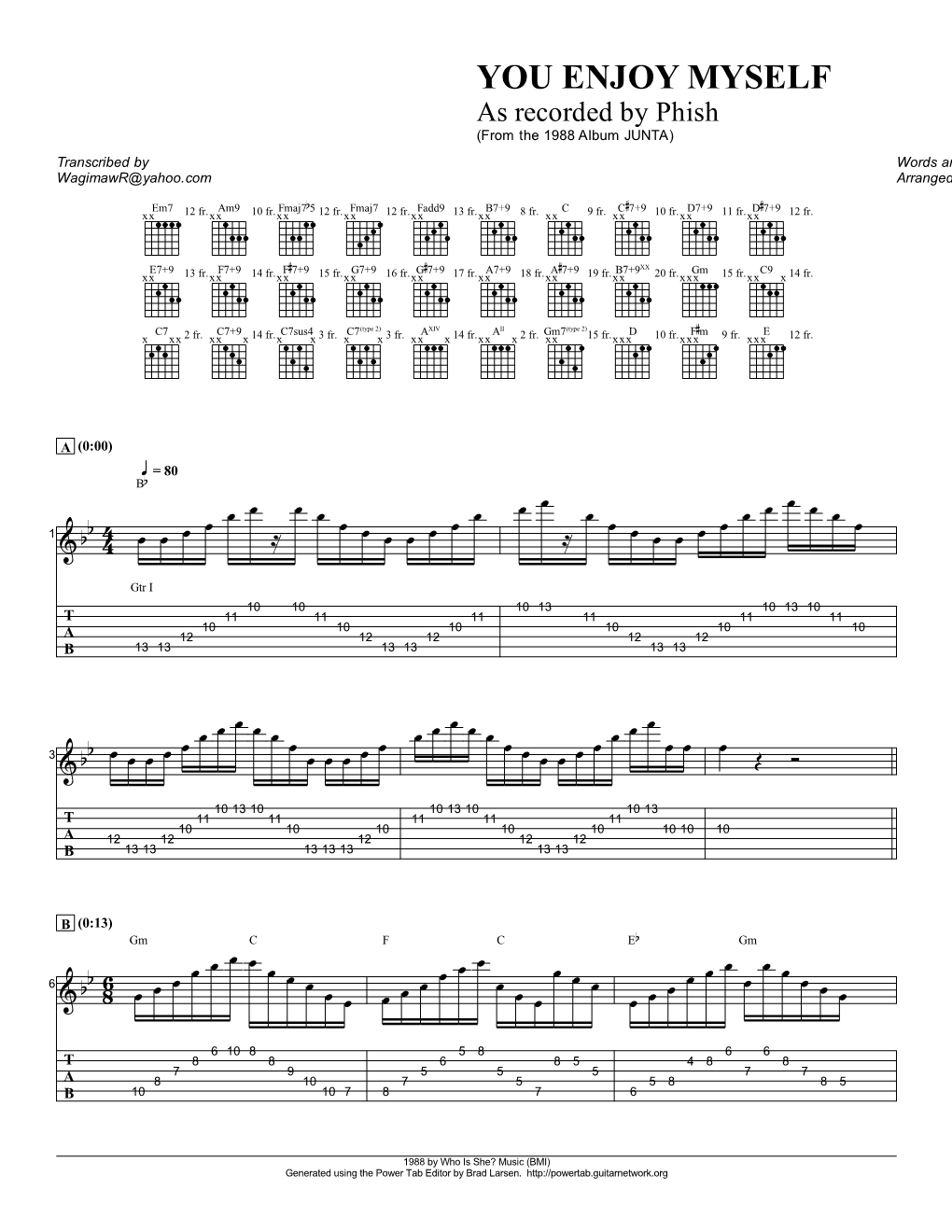 Phish (From the 1988 Album JUNTA) Transcribed by Words and Music by Trey Anastasio Wagimawr@Yahoo.Com Arranged by Chris Amelar