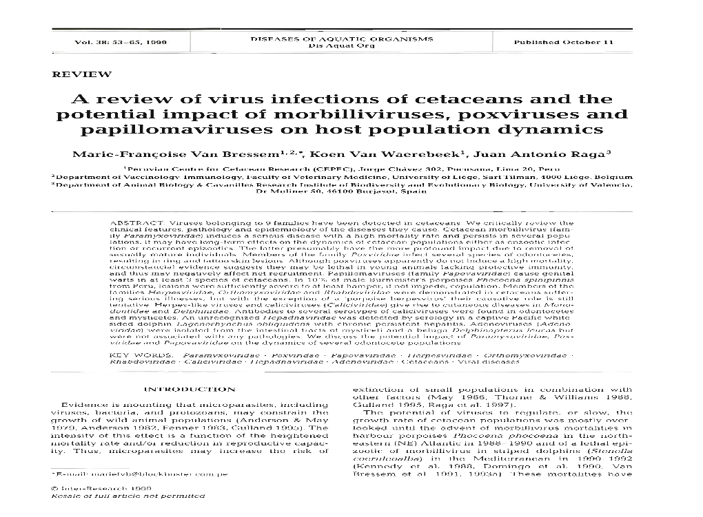 A Review of Virus Infections of Cetaceans and the Potential Impact of Morbilliviruses, Poxviruses and Papillomaviruses on Host Population Dynamics