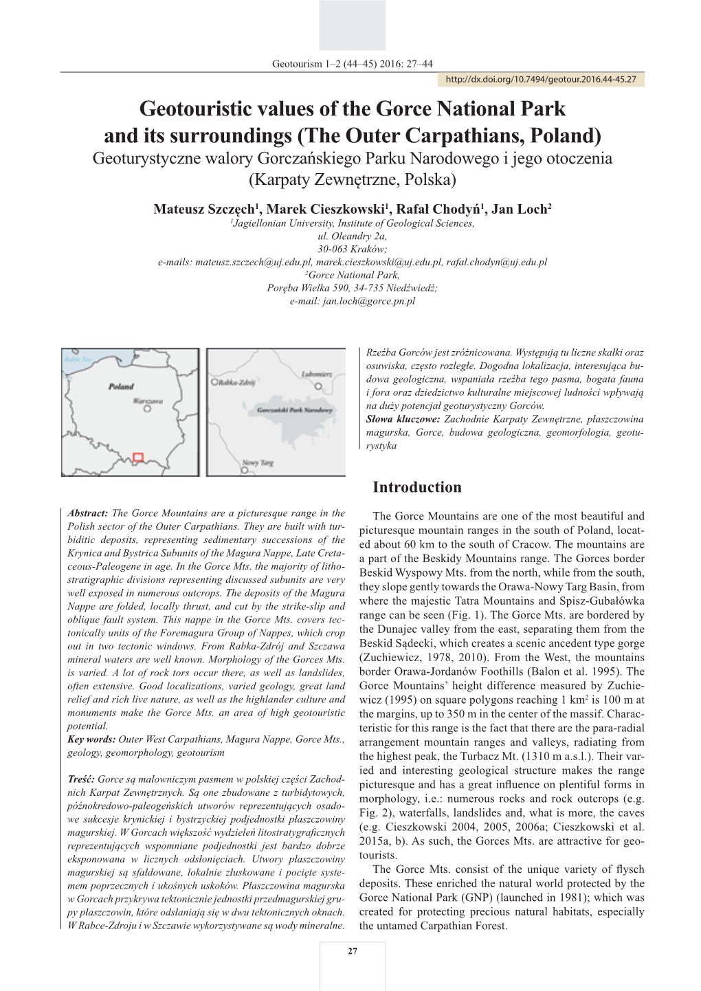 Geotouristic Values of the Gorce National Park and Its Surroundings