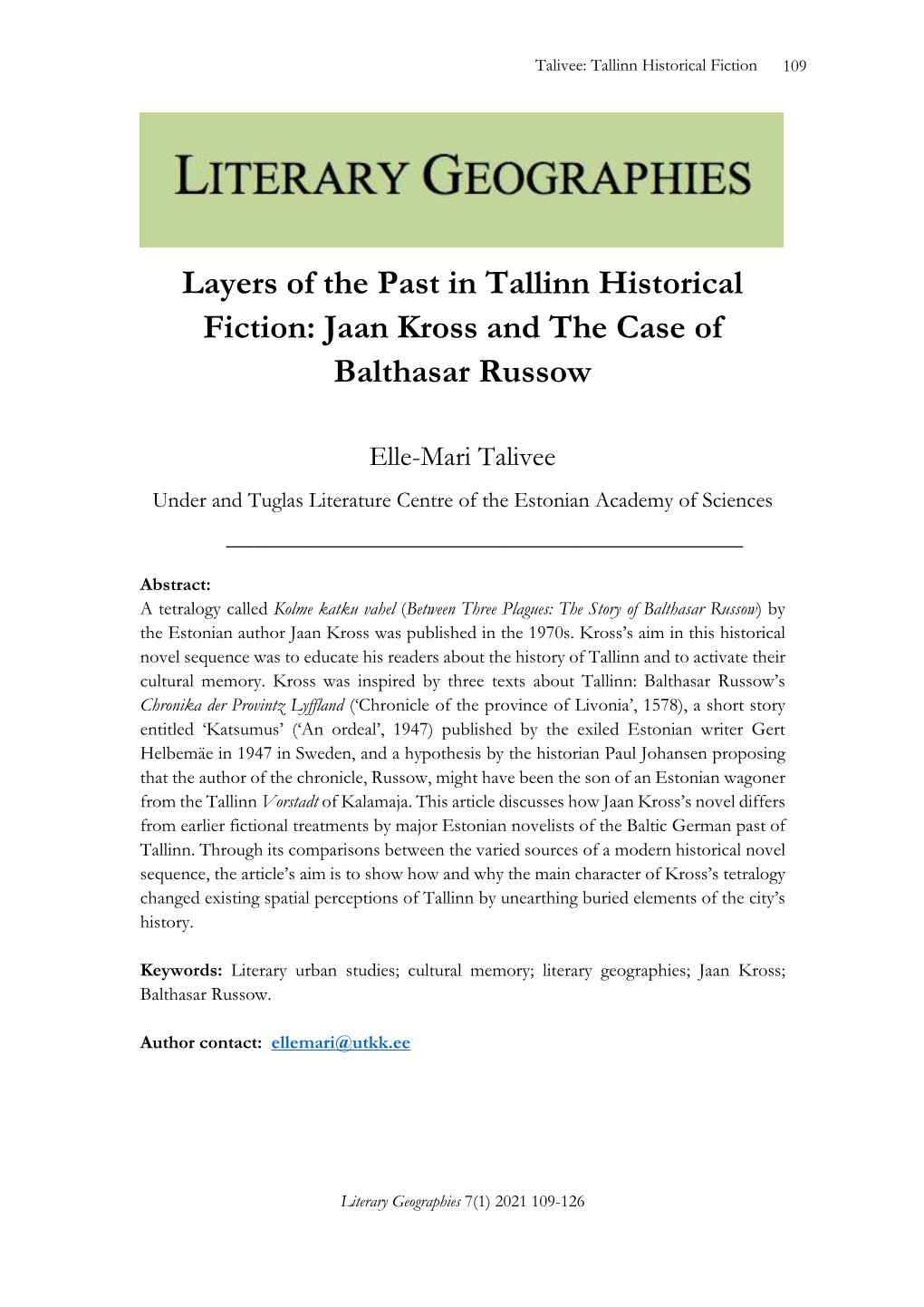 Jaan Kross and the Case of Balthasar Russow