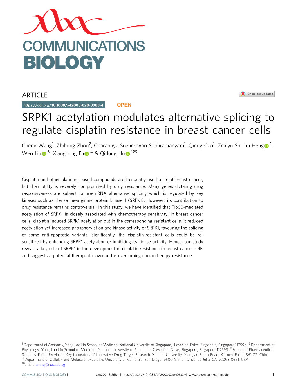 SRPK1 Acetylation Modulates Alternative Splicing to Regulate Cisplatin Resistance in Breast Cancer Cells