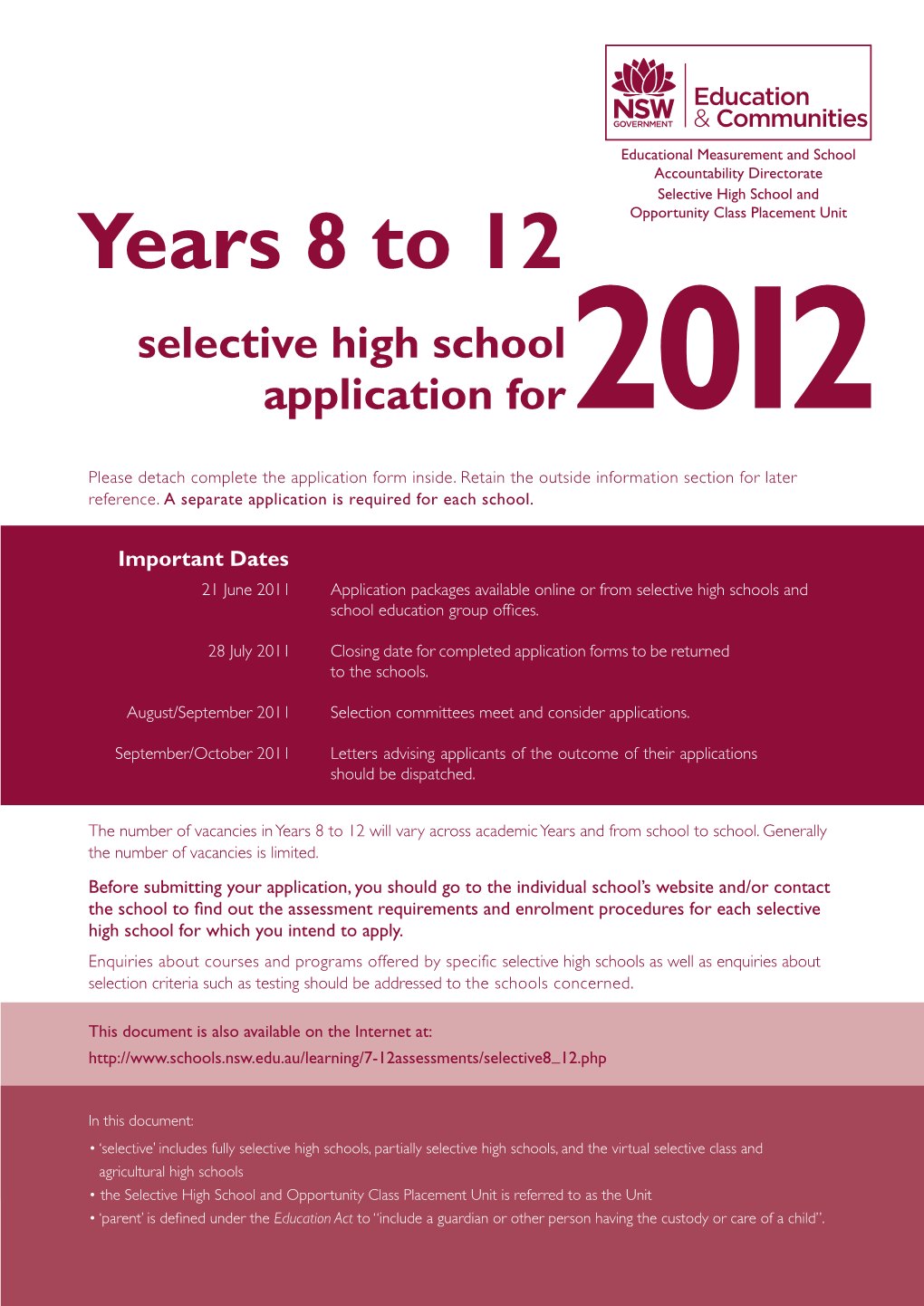 Years 8 to 12 Opportunity Class Placement Unit Selective High School Application For2012