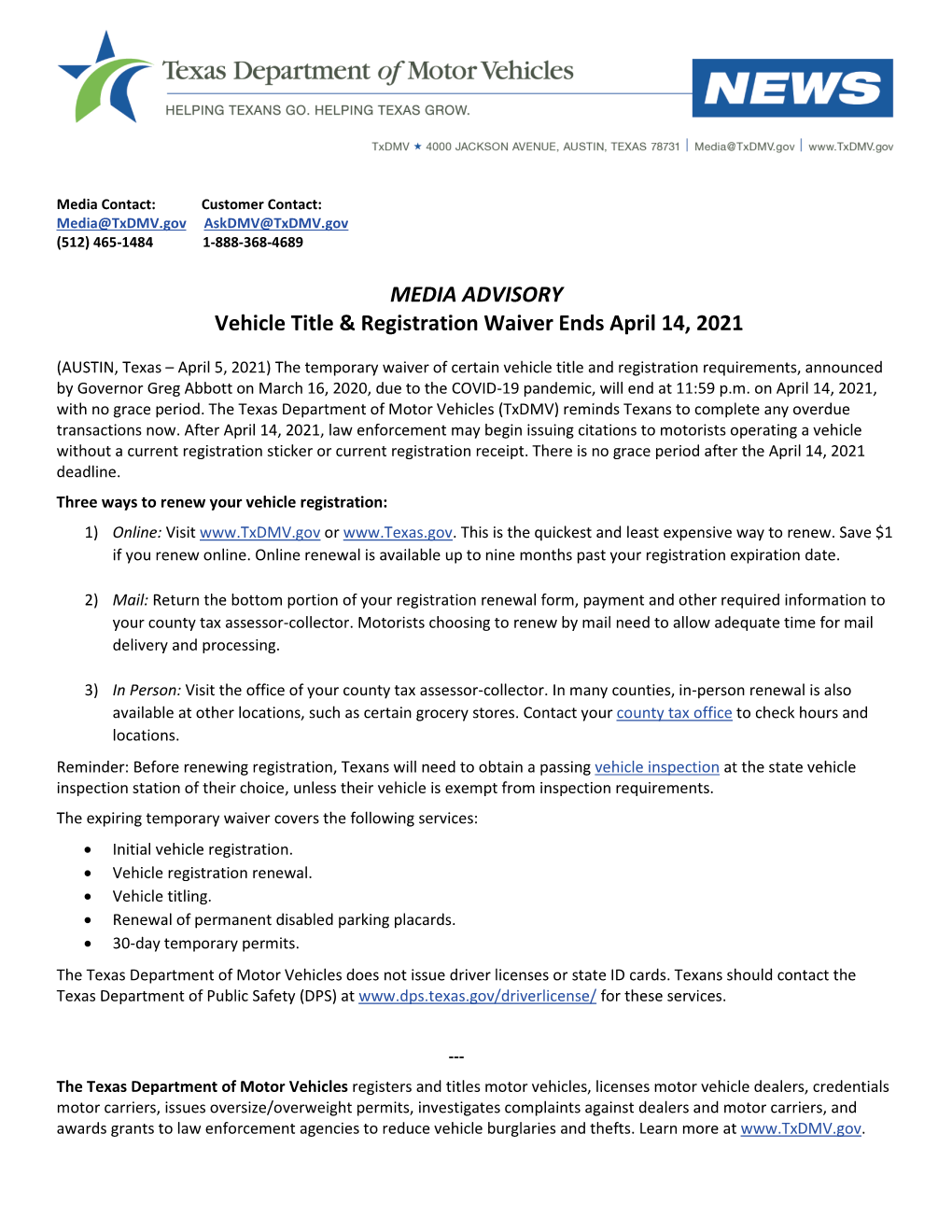 Vehicle Title & Registration Waiver Ends April 14, 2021