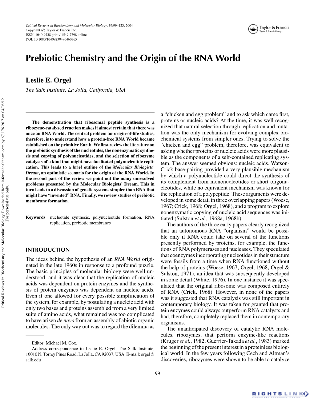 Prebiotic Chemistry and the Origin of the RNA World