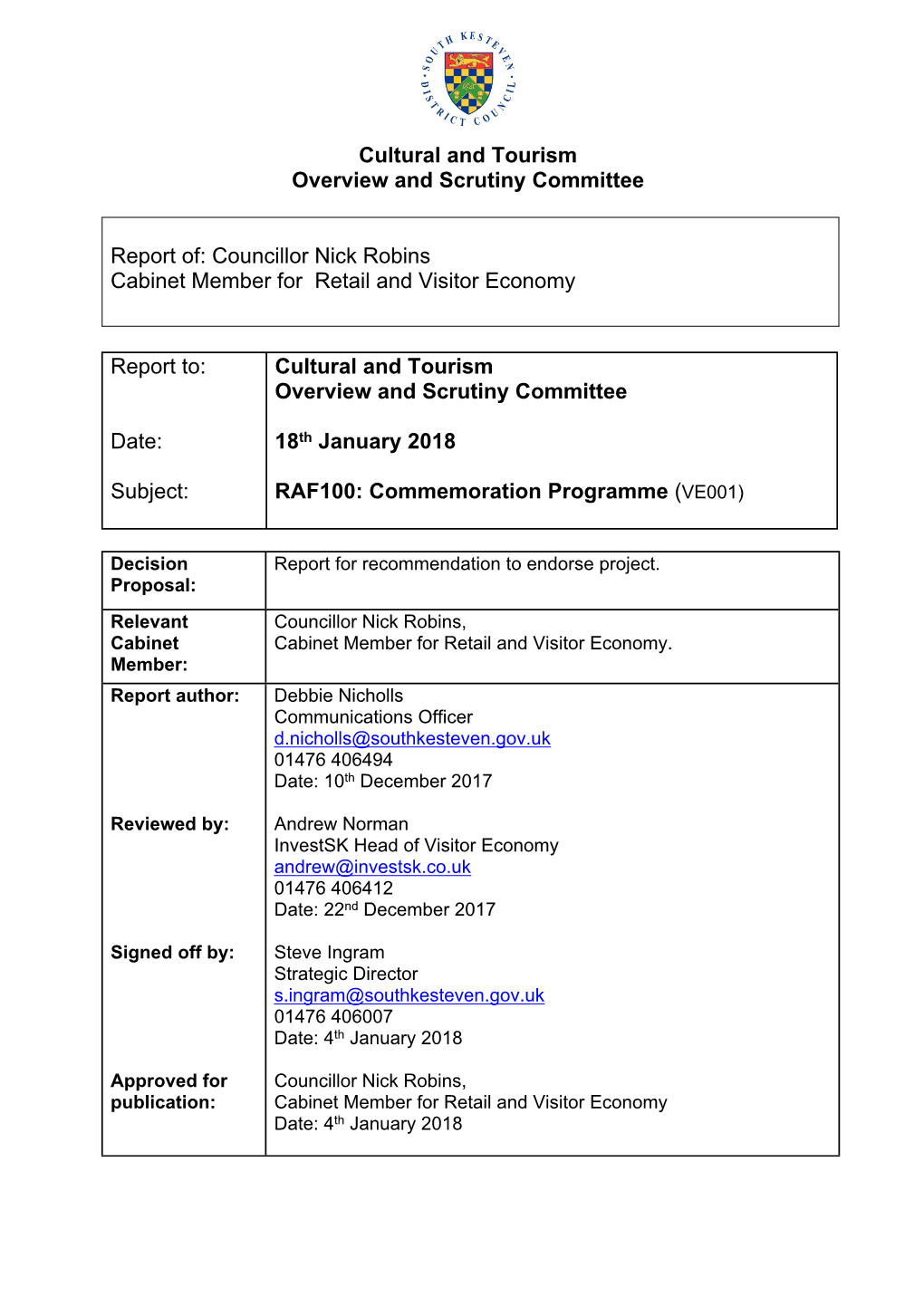 Cultural and Tourism Overview and Scrutiny Committee Report Of