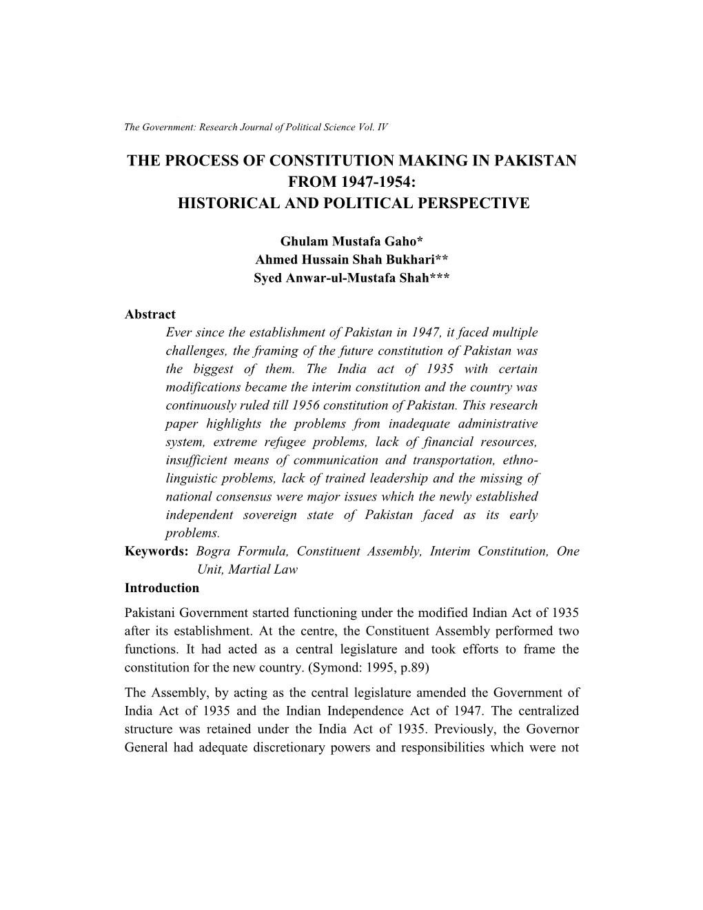 The Process of Constitution Making in Pakistan from 1947-1954: Historical and Political Perspective