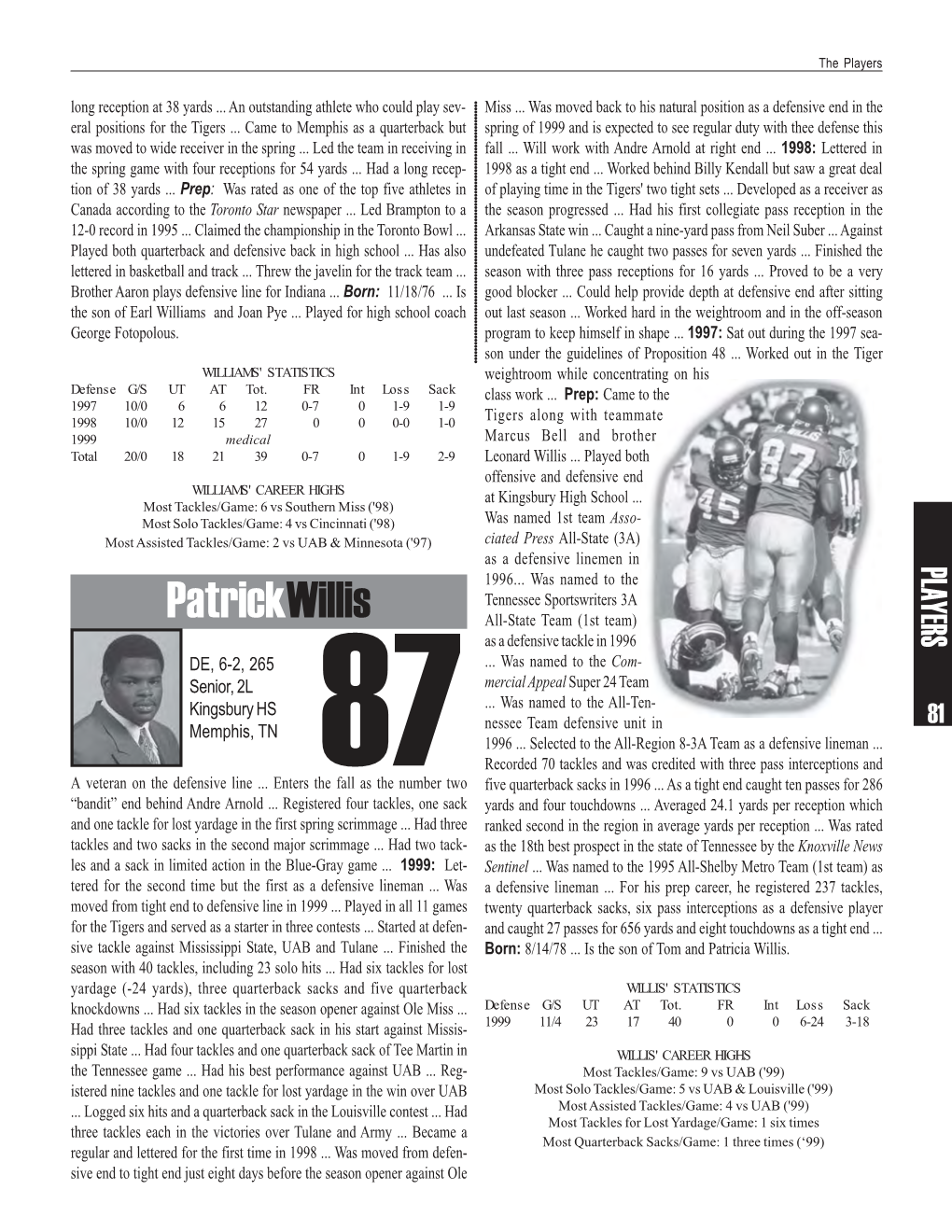 Patrickwillis All-State Team (1St Team) As a Defensive Tackle in 1996 DE, 6-2, 265