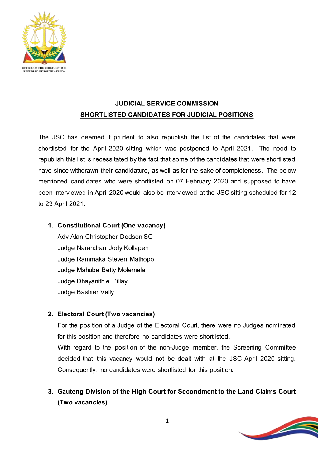 Judicial Service Commission Shortlisted Candidates for Judicial Positions