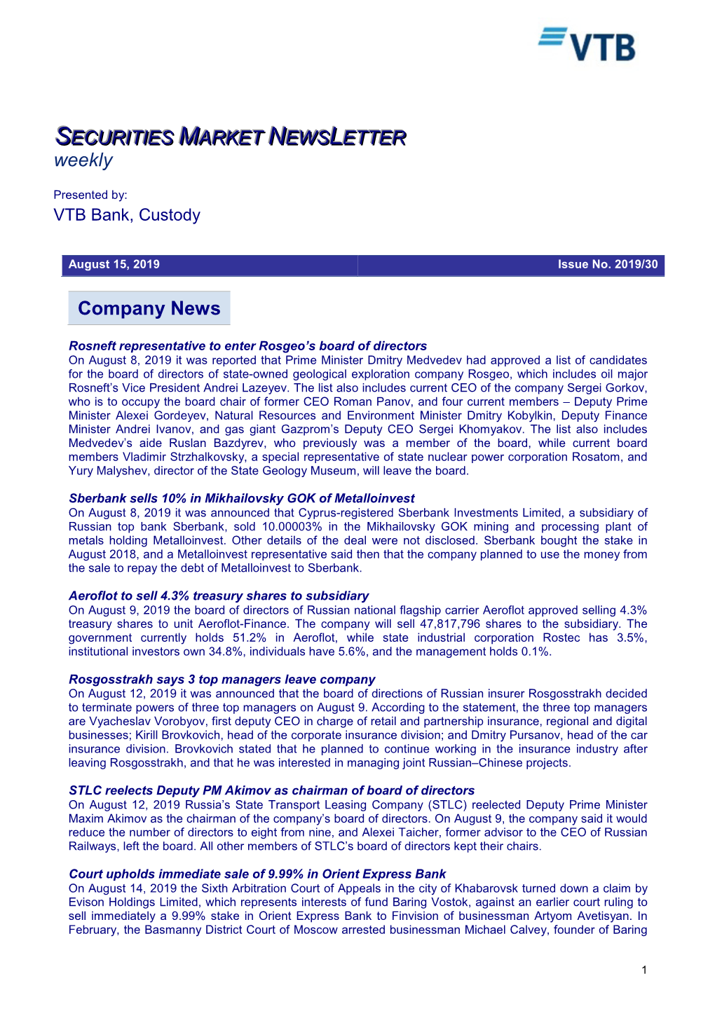 Company News SECURITIES MARKET NEWS LETTER Weekly