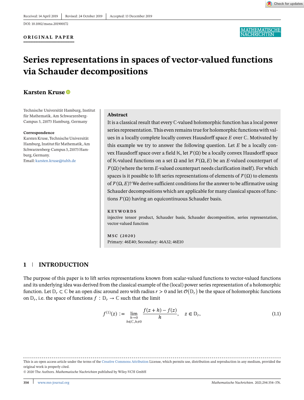 Series Representations in Spaces of Vector‐Valued Functions Via