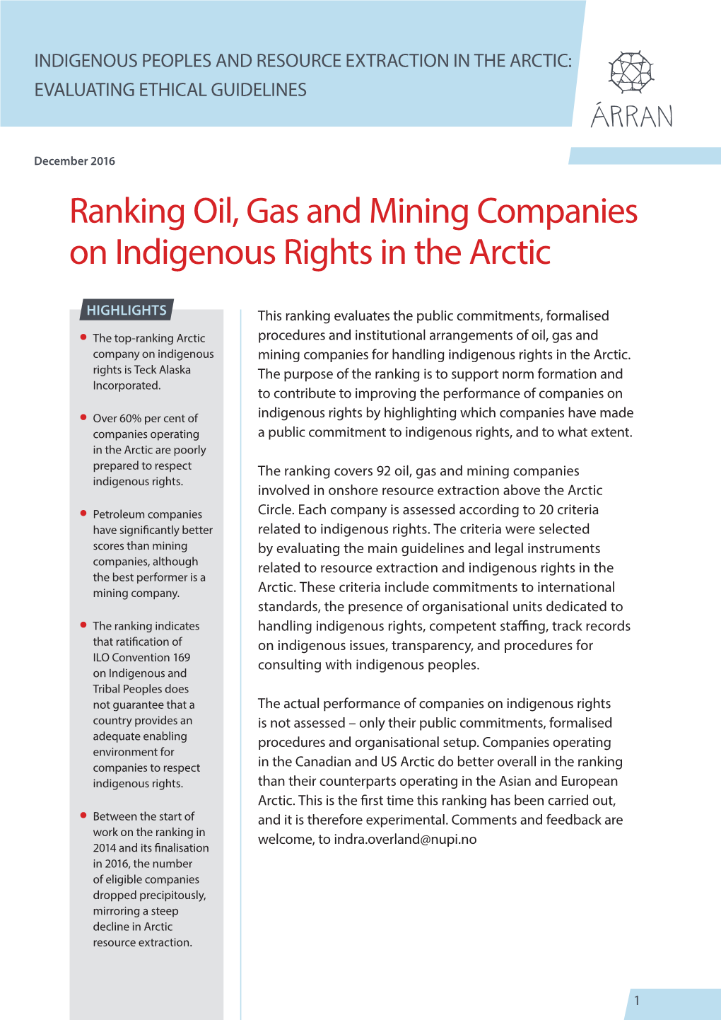 Ranking Oil, Gas and Mining Companies on Indigenous Rights in the Arctic