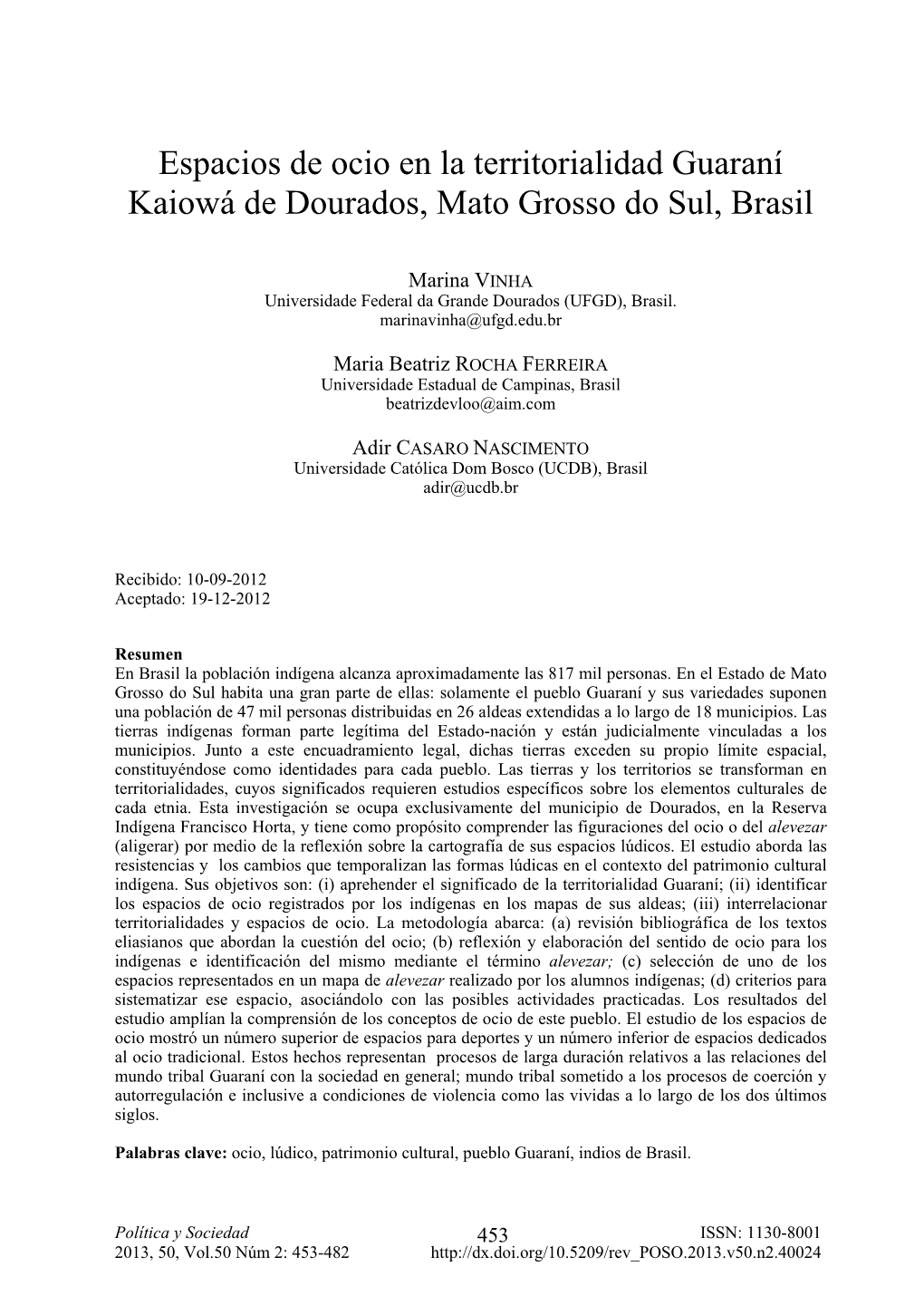 Espacios De Ocio En La Territorialidad Guaraní Kaiowá De Dourados, Mato Grosso Do Sul, Brasil