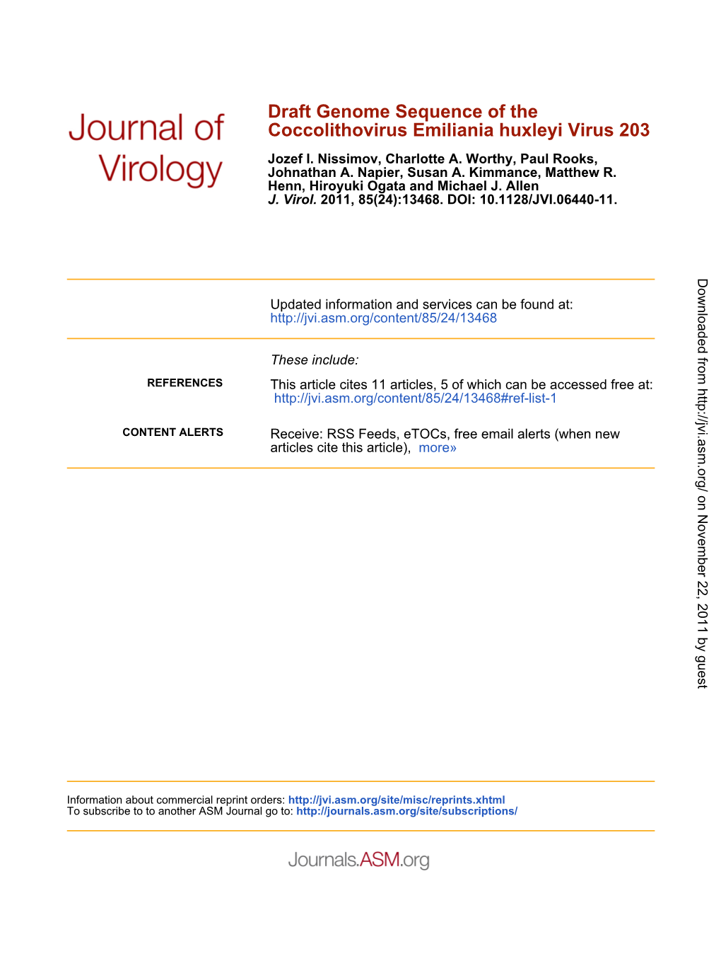 203 Coccolithovirus Emiliania Huxleyi Virus Draft Genome Sequence Of