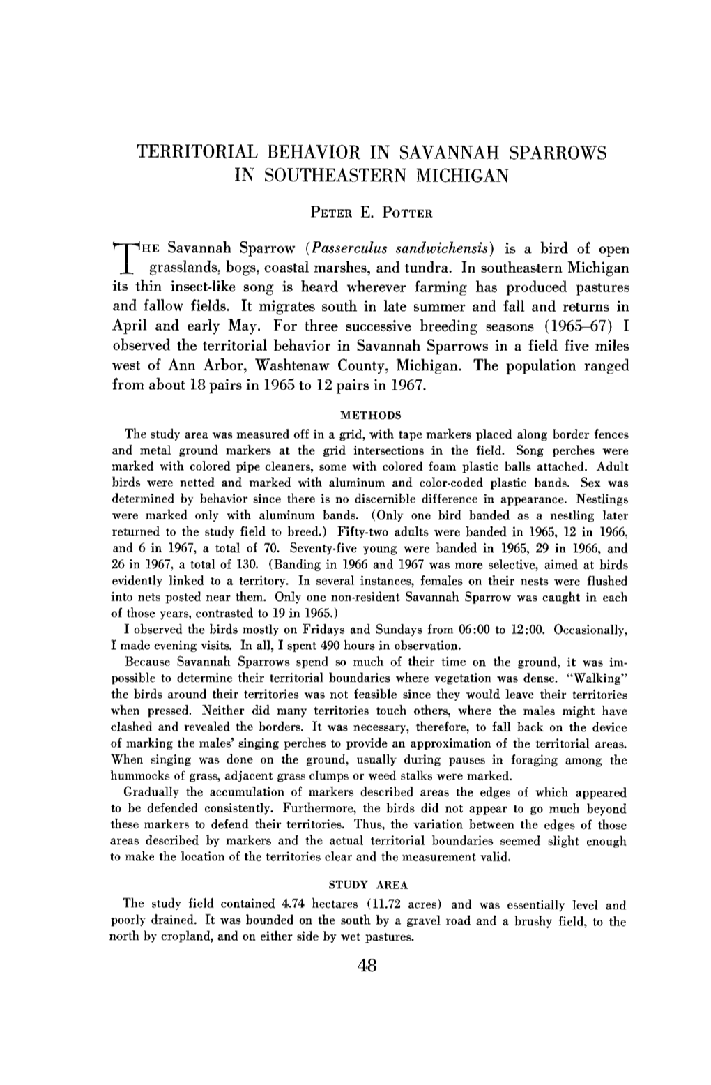 Territorial Behavior in Savannah Sparrows in Southeastern Michigan