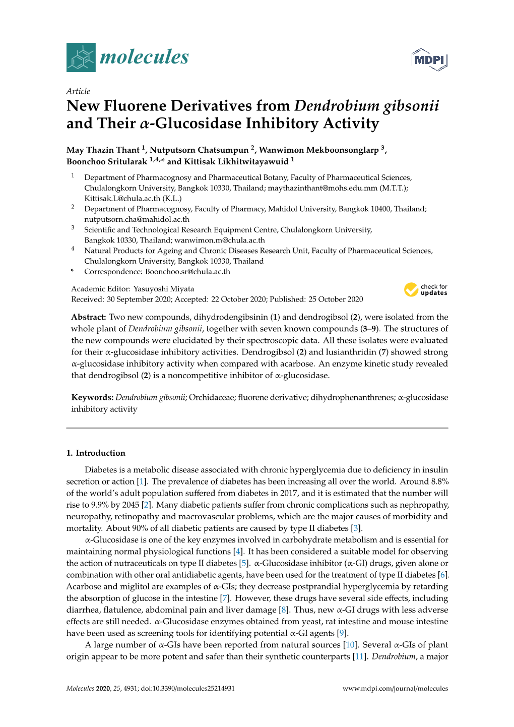 New Fluorene Derivatives from Dendrobium Gibsonii and Their Α-Glucosidase Inhibitory Activity