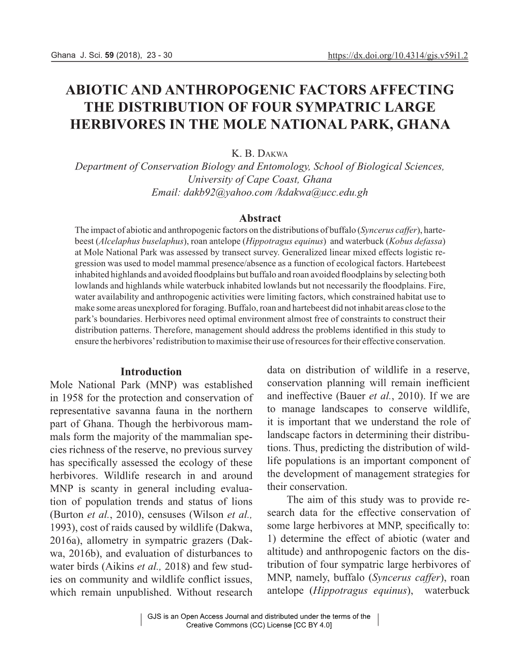 Abiotic and Anthropogenic Factors Affecting the Distribution of Four Sympatric Large Herbivores in the Mole National Park, Ghana