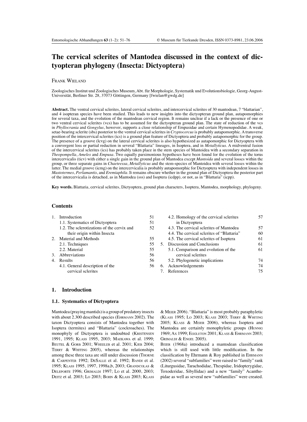 The Cervical Sclerites of Mantodea Discussed in the Context of Dic - Tyop Teran Phylogeny (Insecta: Dictyoptera)