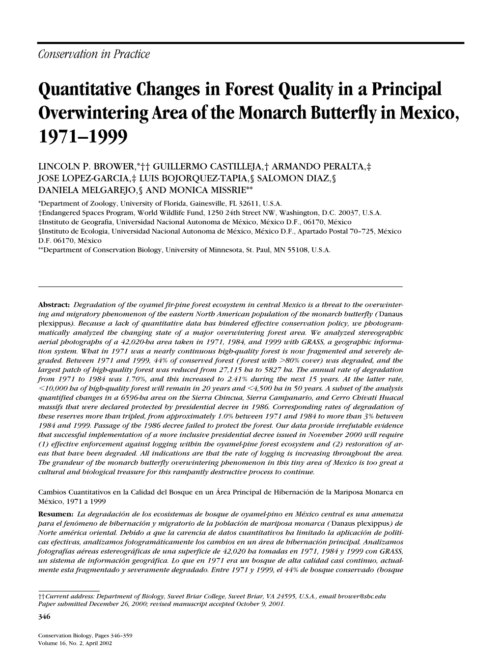 Quantitative Changes in Forest Quality in a Principal Overwintering Area of the Monarch Butterfly in Mexico, 1971–1999