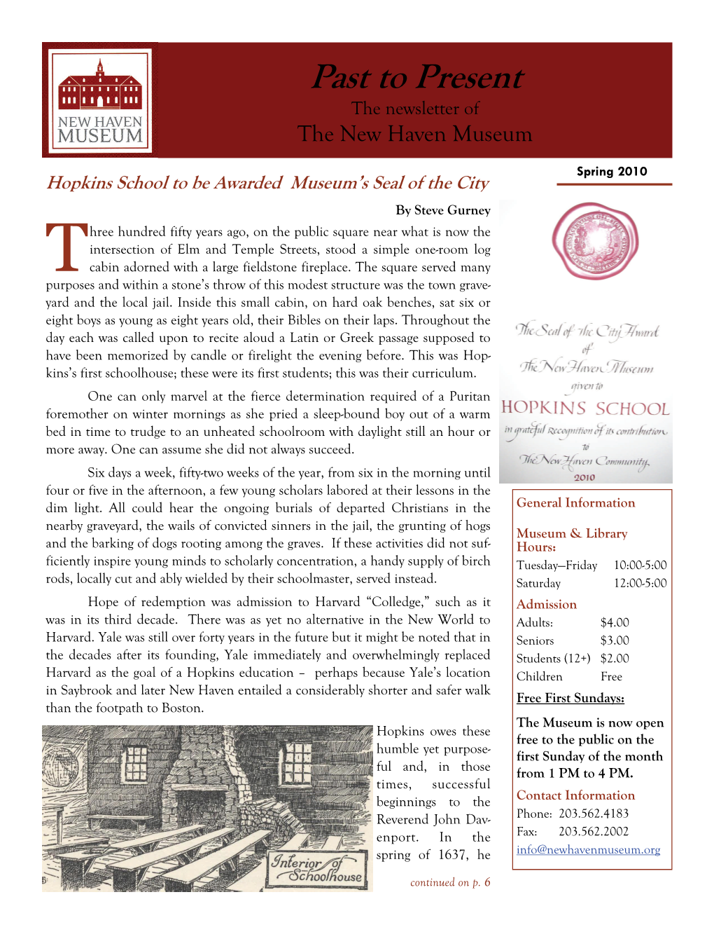 Past to Present the Newsletter of the New Haven Museum