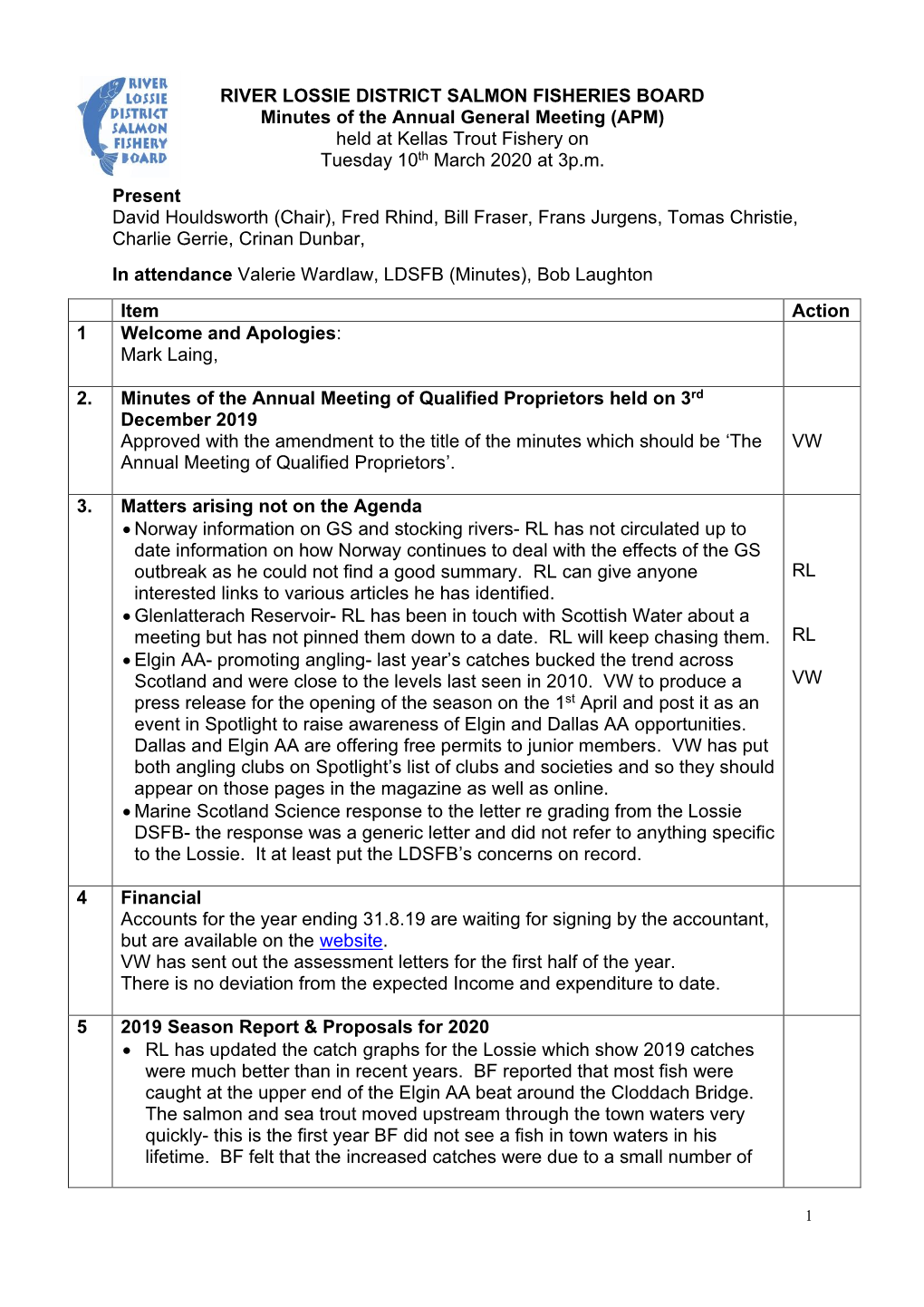 RIVER LOSSIE DISTRICT SALMON FISHERIES BOARD Minutes of the Annual General Meeting (APM) Held at Kellas Trout Fishery on Tuesday 10Th March 2020 at 3P.M