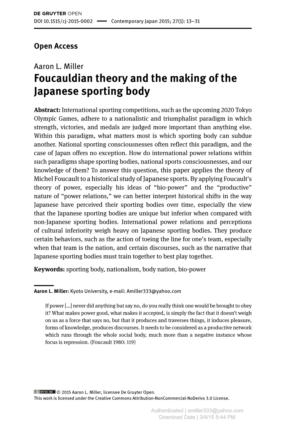 Foucauldian Theory and the Making of the Japanese Sporting Body