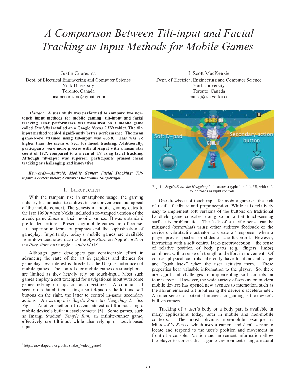 A Comparison Between Tilt-Input and Facial Tracking As Input Methods for Mobile Games