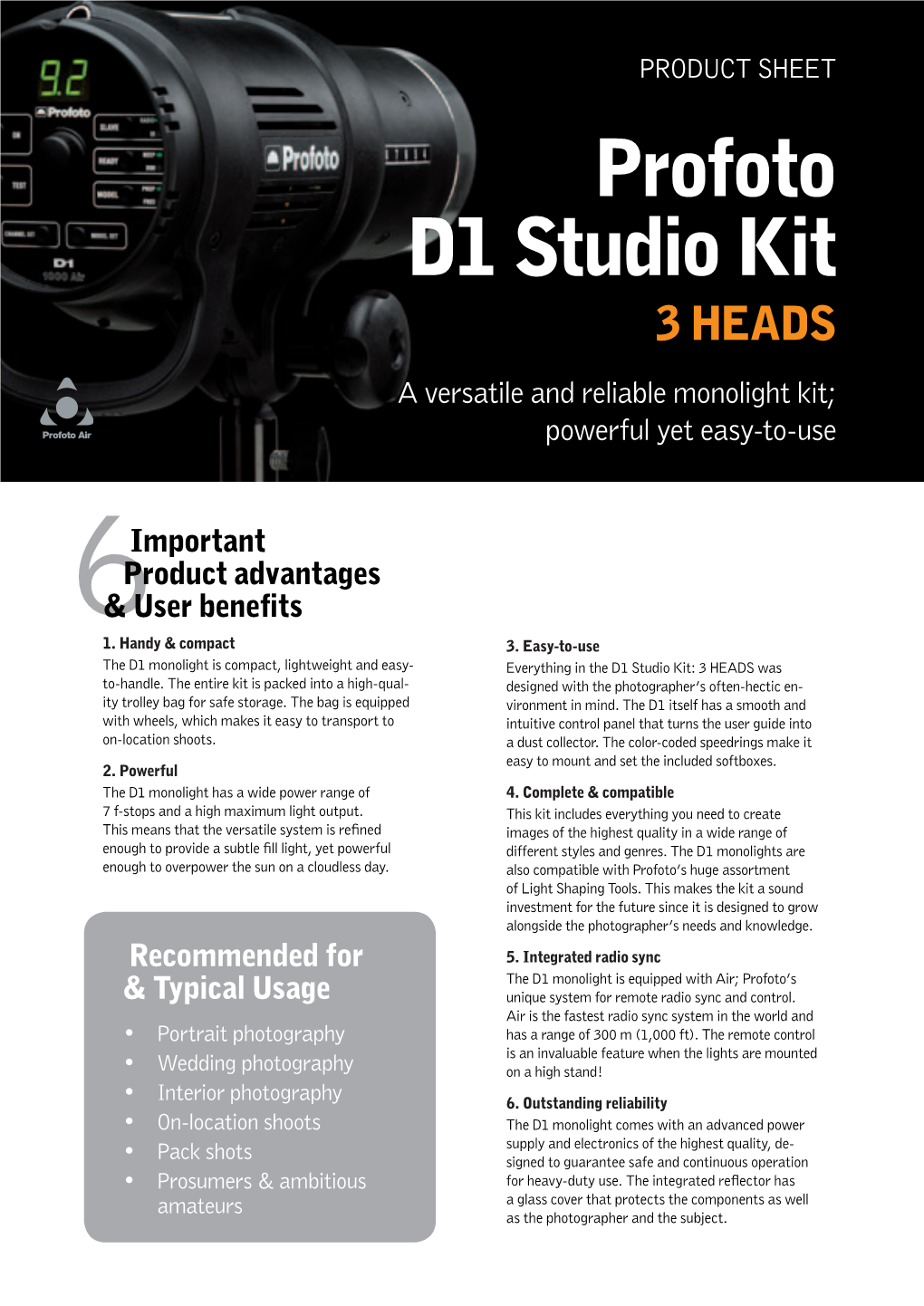 Profoto D1 Studio Kit 3 HEADS a Versatile and Reliable Monolight Kit; Powerful Yet Easy-To-Use