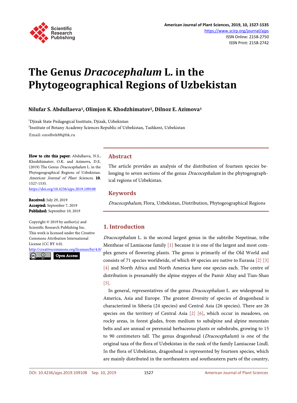 The Genus Dracocephalum L. in the Phytogeographical Regions of Uzbekistan