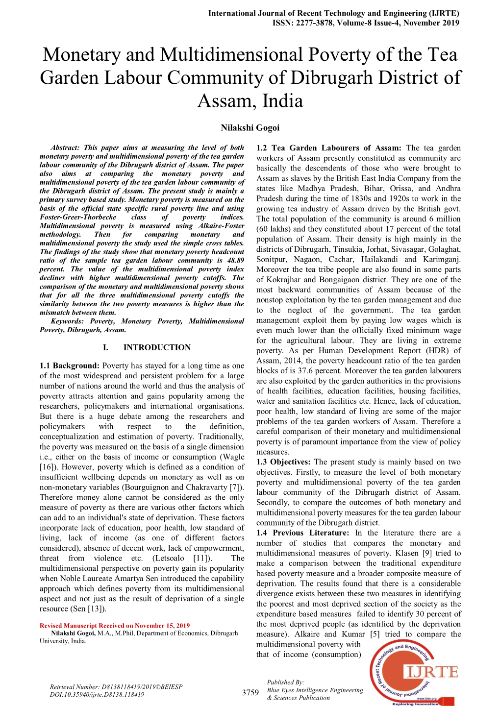 Monetary and Multidimensional Poverty of the Tea Garden Labour Community of Dibrugarh District of Assam, India