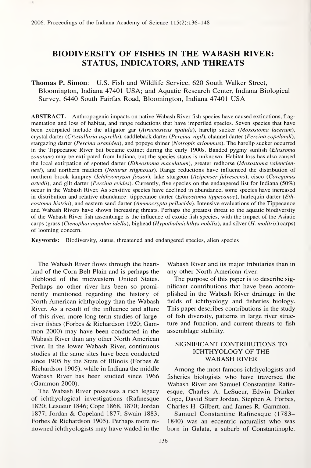 Proceedings of the Indiana Academy of Science 1 15(2): 136-148