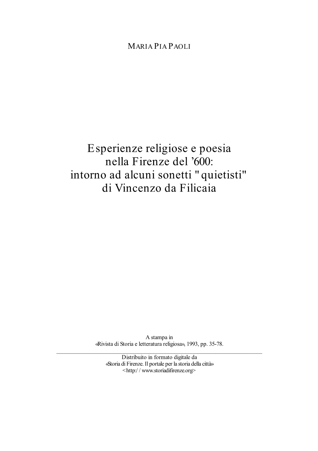 Esperienze Religiose E Poesia Nella Firenze Del '600: Intorno Ad Alcuni Sonetti 