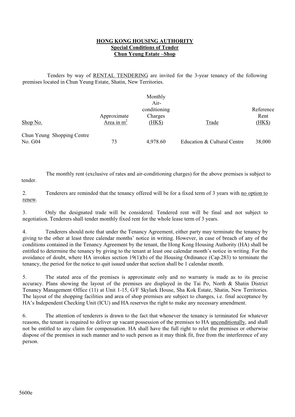 Special Conditions of Tender Chun Yeung Estate –Shop