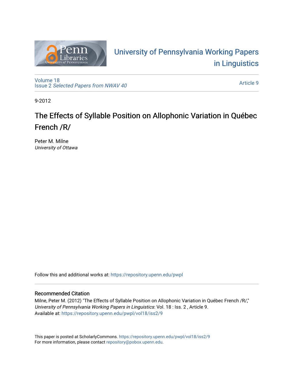 The Effects of Syllable Position on Allophonic Variation in Québec French /R