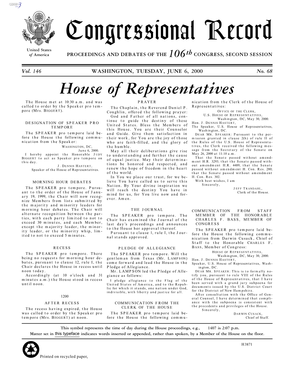 Congressional Record United States of America PROCEEDINGS and DEBATES of the 106Th CONGRESS, SECOND SESSION