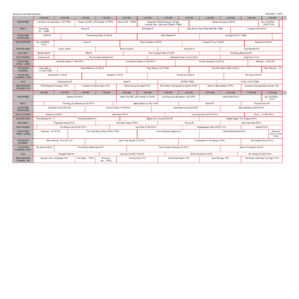 Showtime Unlimited Schedule December 1, 2012 12:00 AM 12:30 AM 1:00 AM 1:30 AM 2:00 AM 2:30 AM 3:00 AM 3:30 AM 4:00 AM 4:30 AM 5:00 AM 5:30 AM